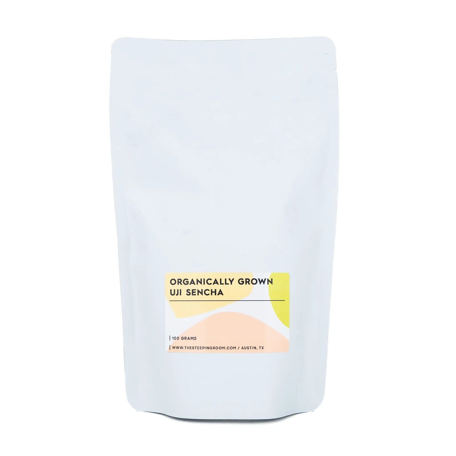 Organically Grown Uji Sencha 100 gram white stand-up pouch, front label