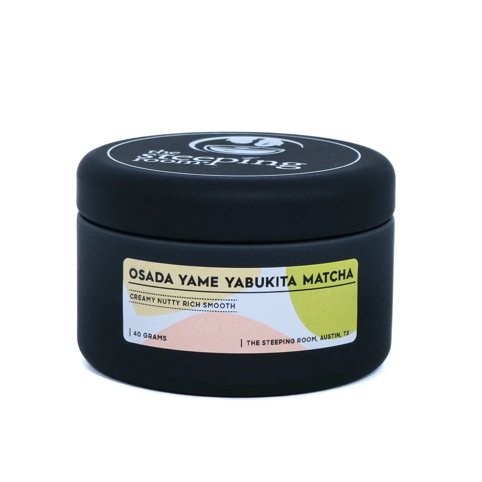 Black container of Osada Yame Yabukita Matcha with a label on a white background