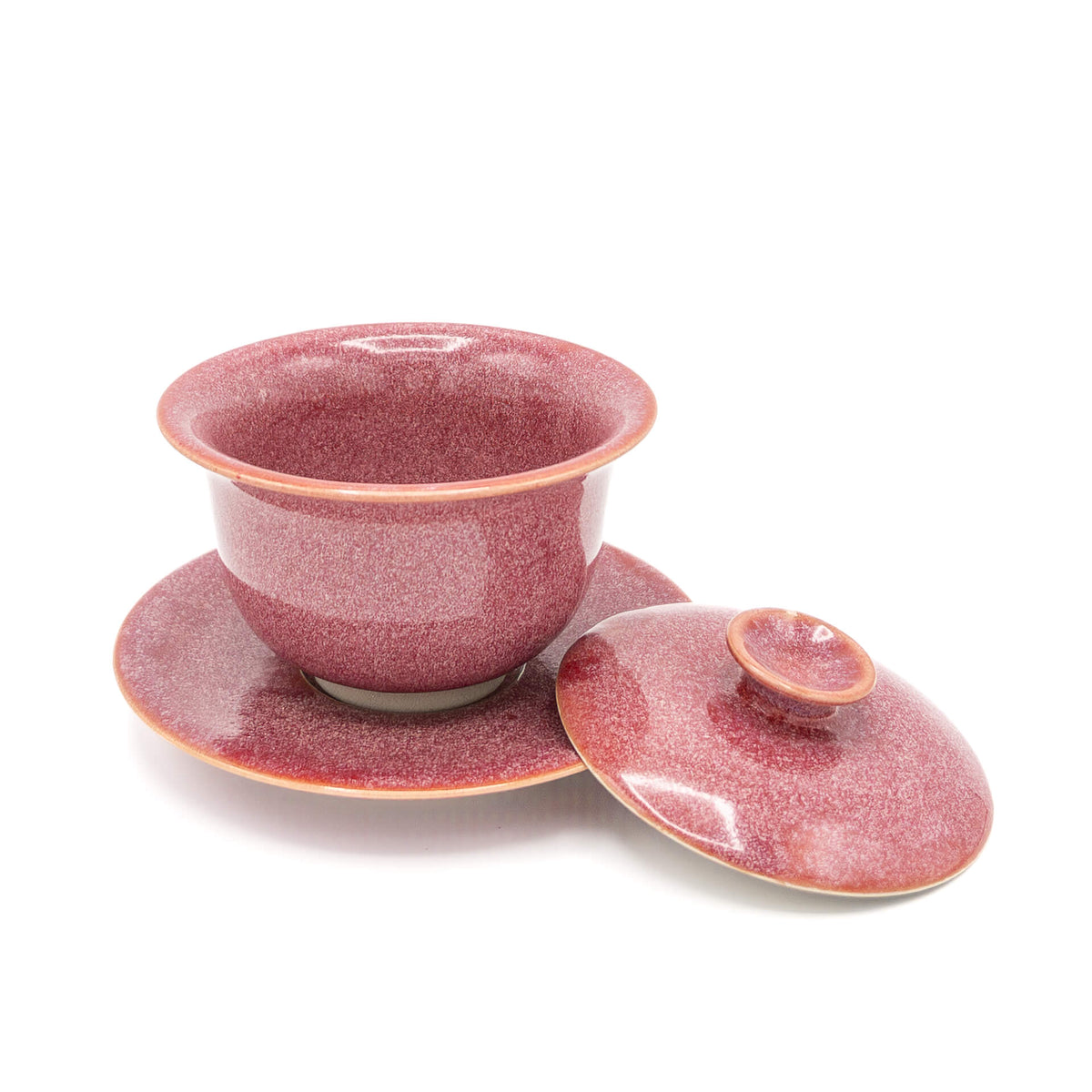Pink Crystalline Huaning Gaiwan disassembled showing bowl, saucer, and lid with vibrant pink glaze