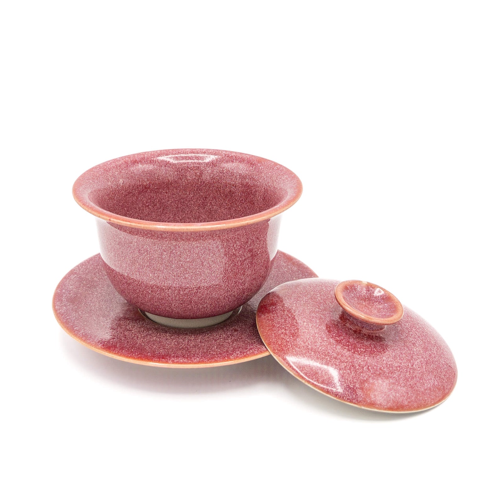 Pink Crystalline Huaning Gaiwan disassembled showing bowl, saucer, and lid with vibrant pink glaze