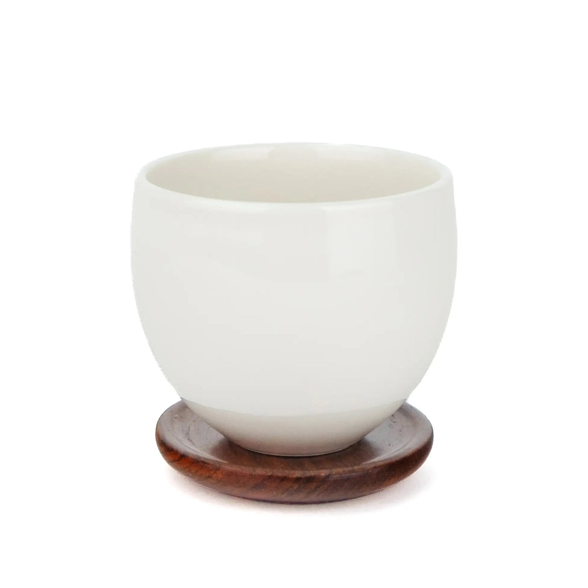 Perfect Porcelain Solo Tea Cup - on a wooden saucer against a white backgound
