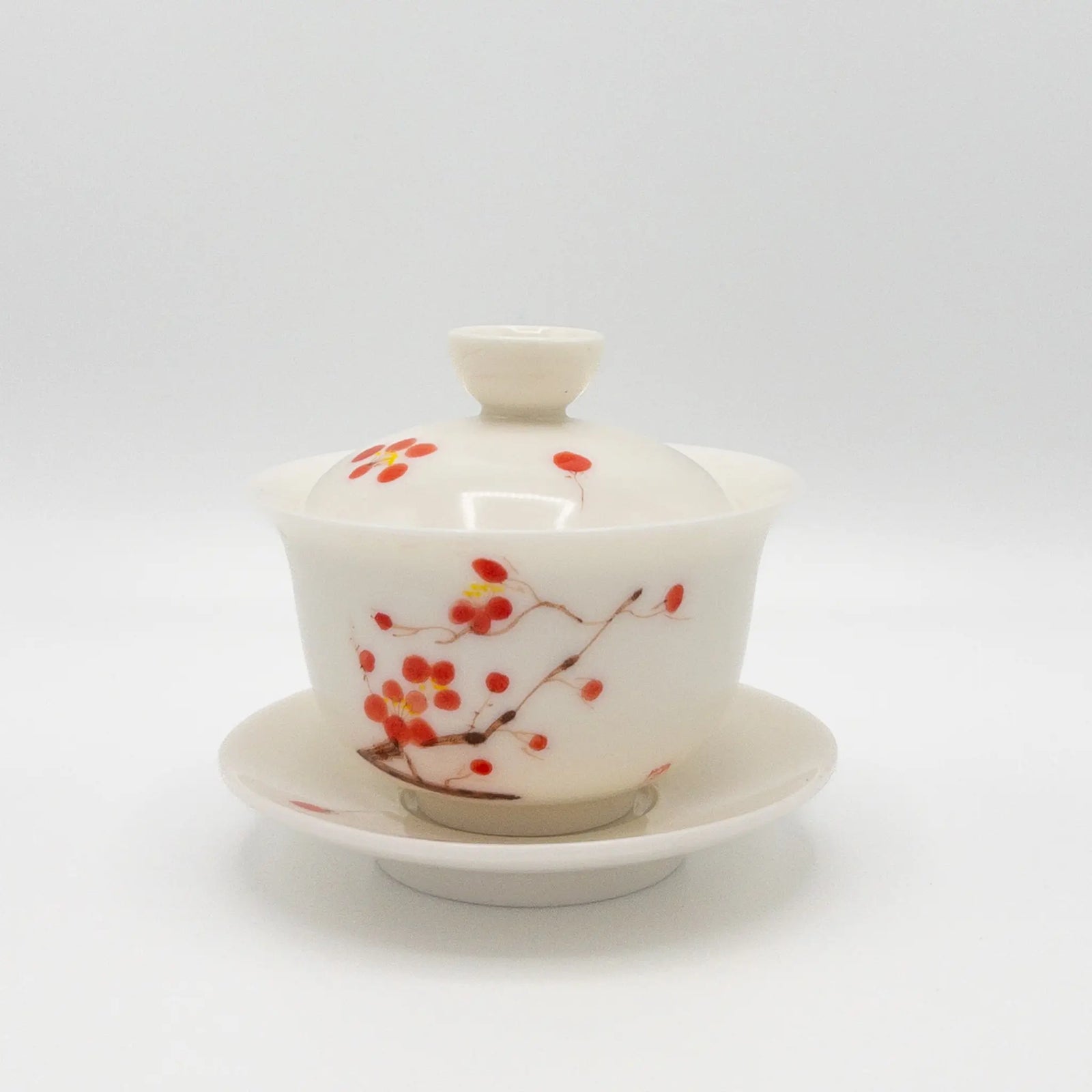 Red Flower Blossom Themed Porcelain Gaiwan