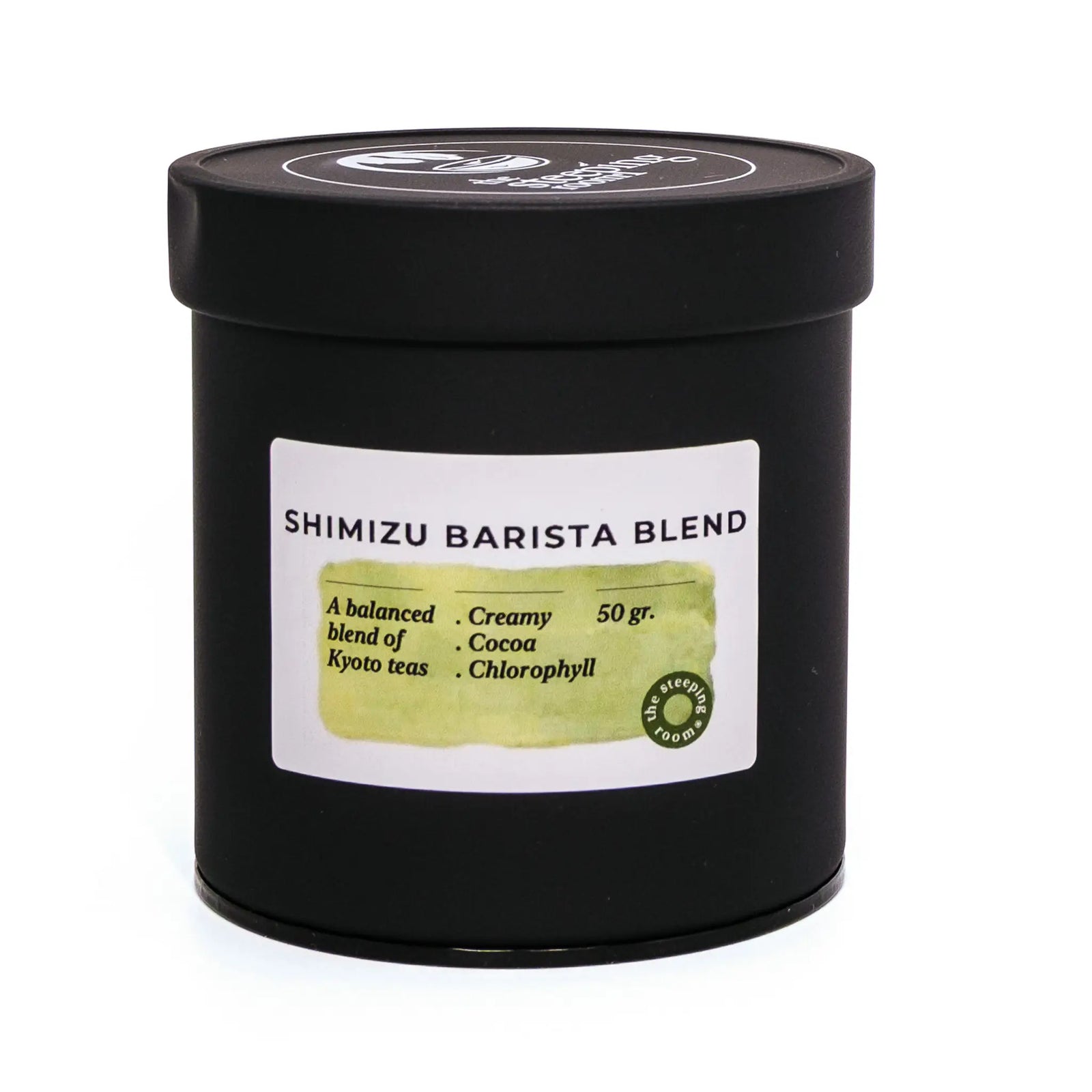 Black container of Shimizuya Barista Blend matcha with a label on a white background