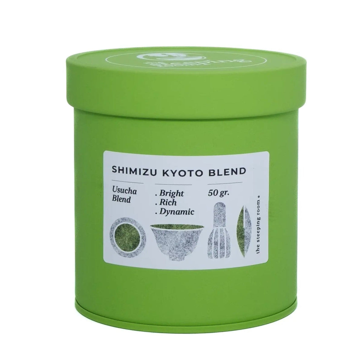 Green canister of Ceremonial Grade Matcha on a white background