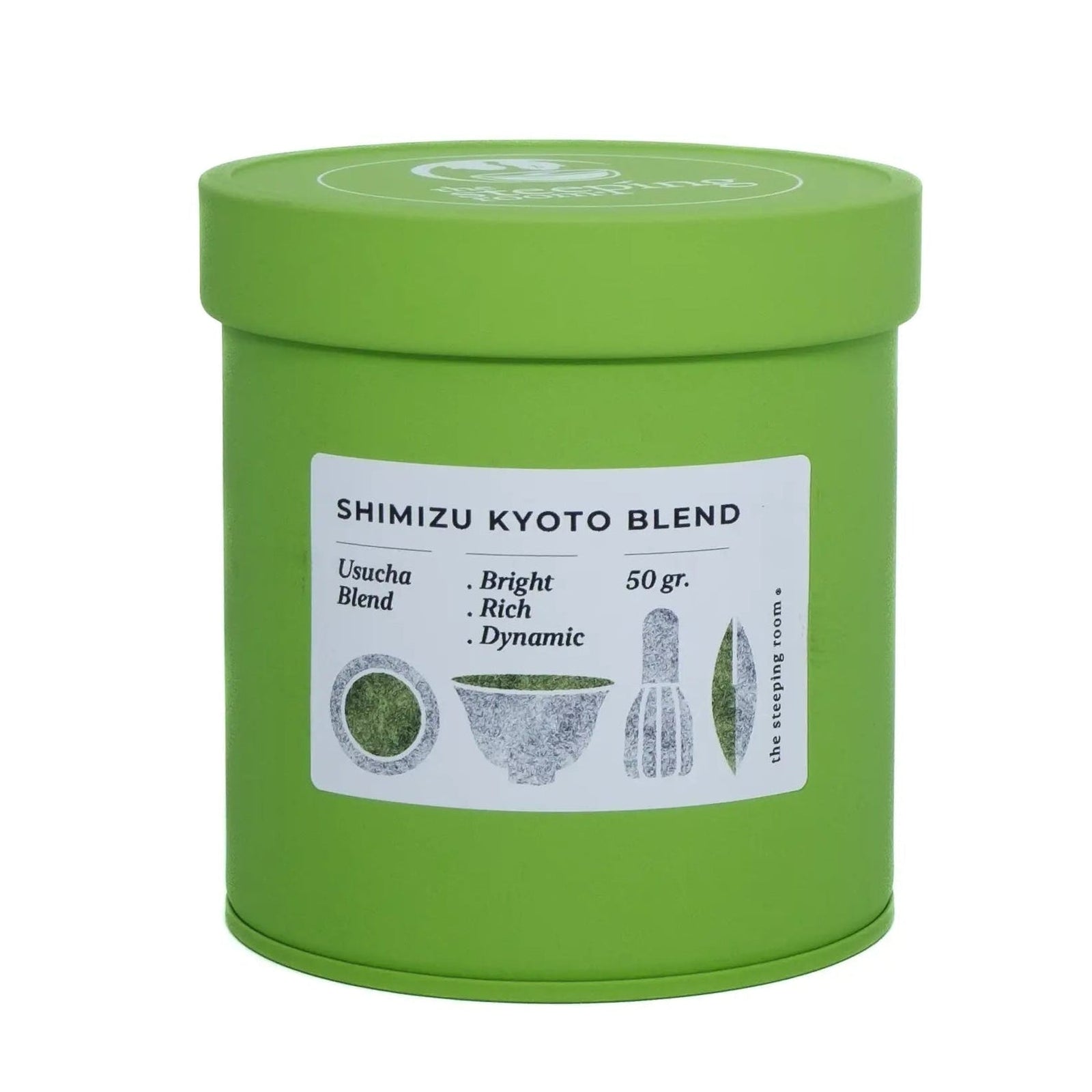 Green canister of Ceremonial Grade Matcha on a white background