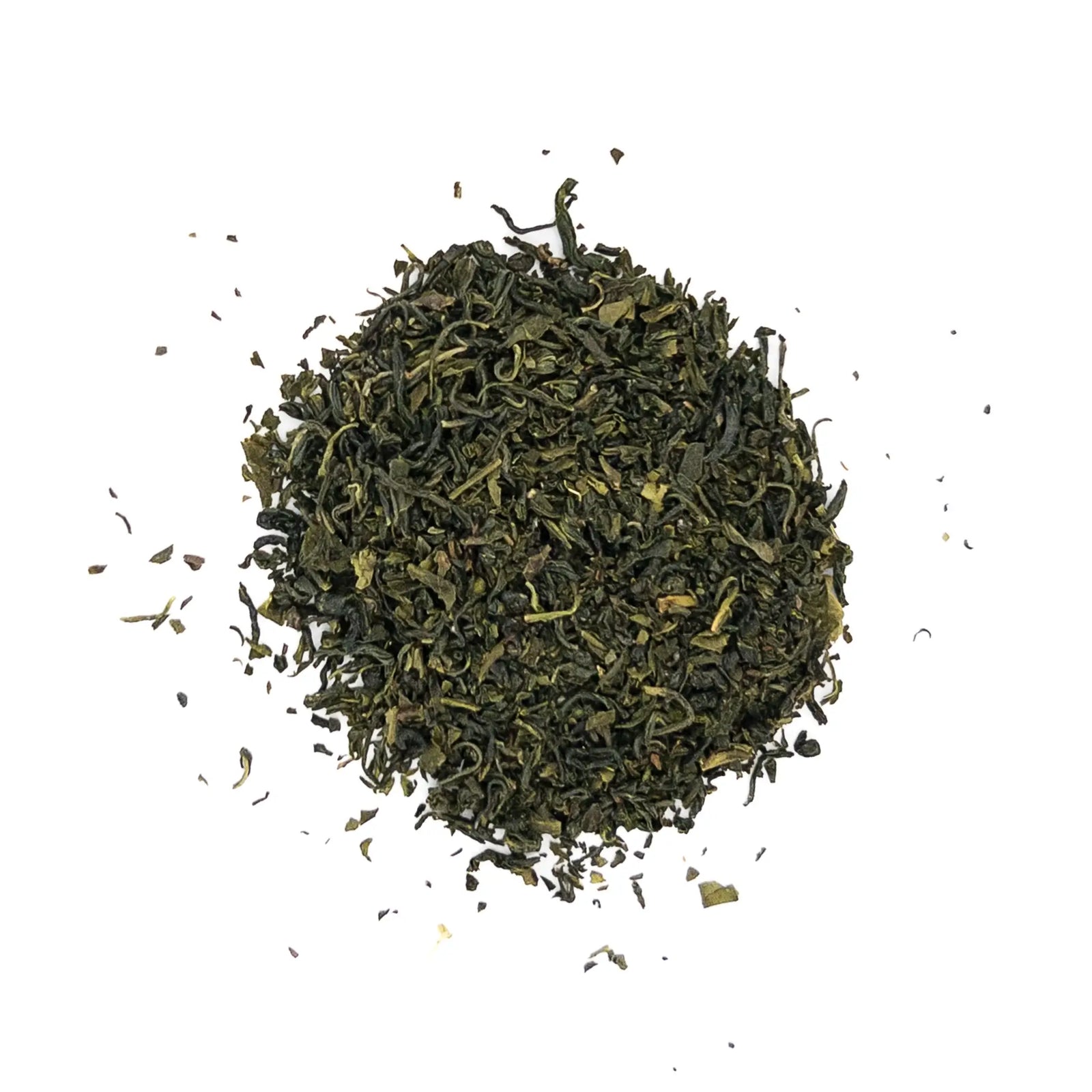 Dry green tea leaves on a white background - Sekiya's Organic Kamairi-cha 