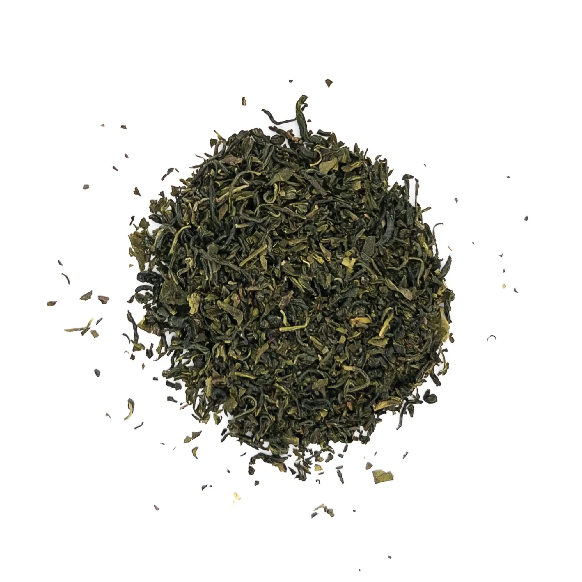Dry green tea leaves on a white background - Sekiya's Organic Kamairi-cha 