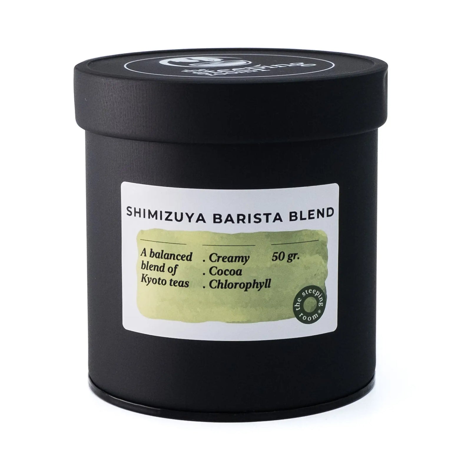 Shimizuya Barista Blend Matcha in a black canister on a white background