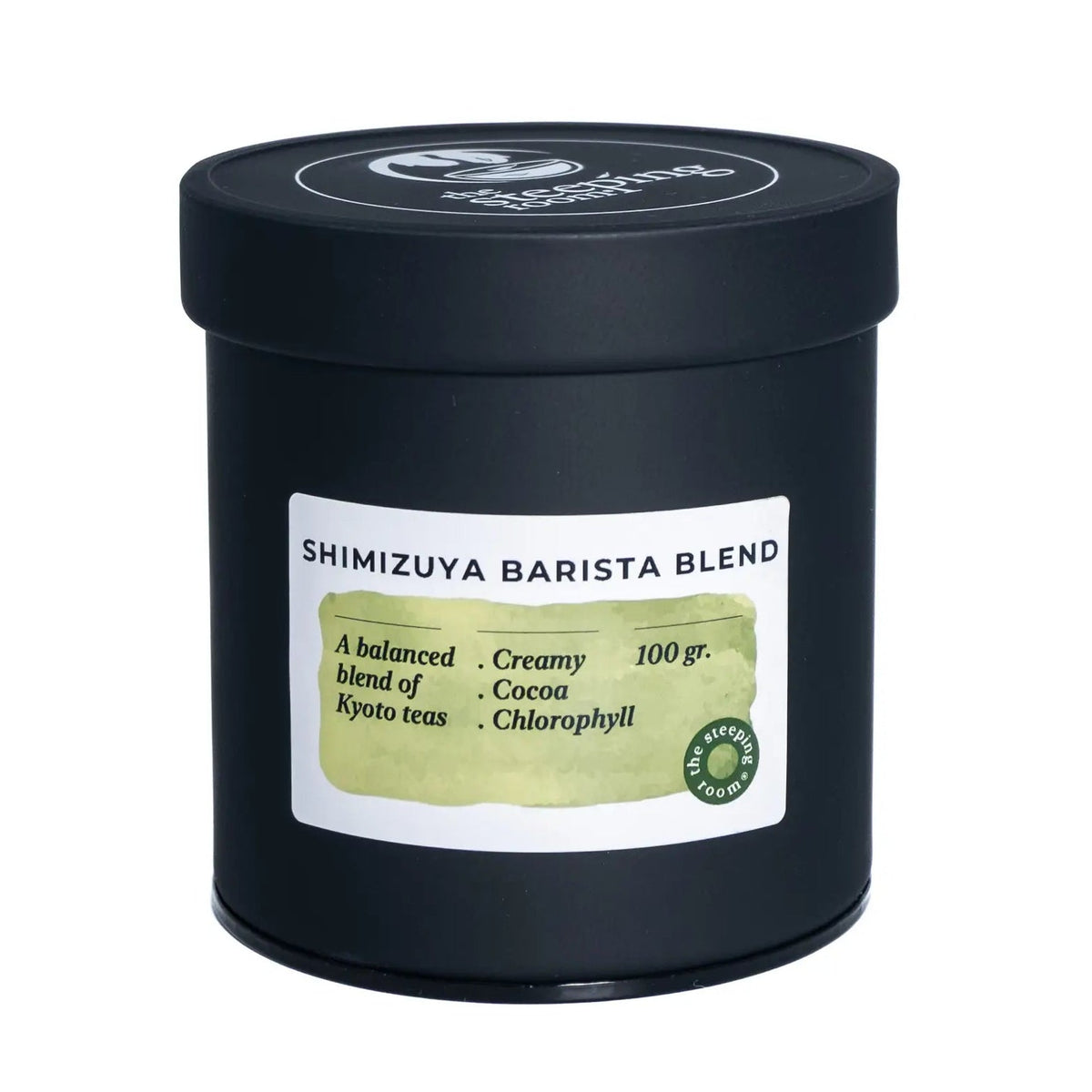 Black container of matcha with Shimizuya Barista Blend label on a white background