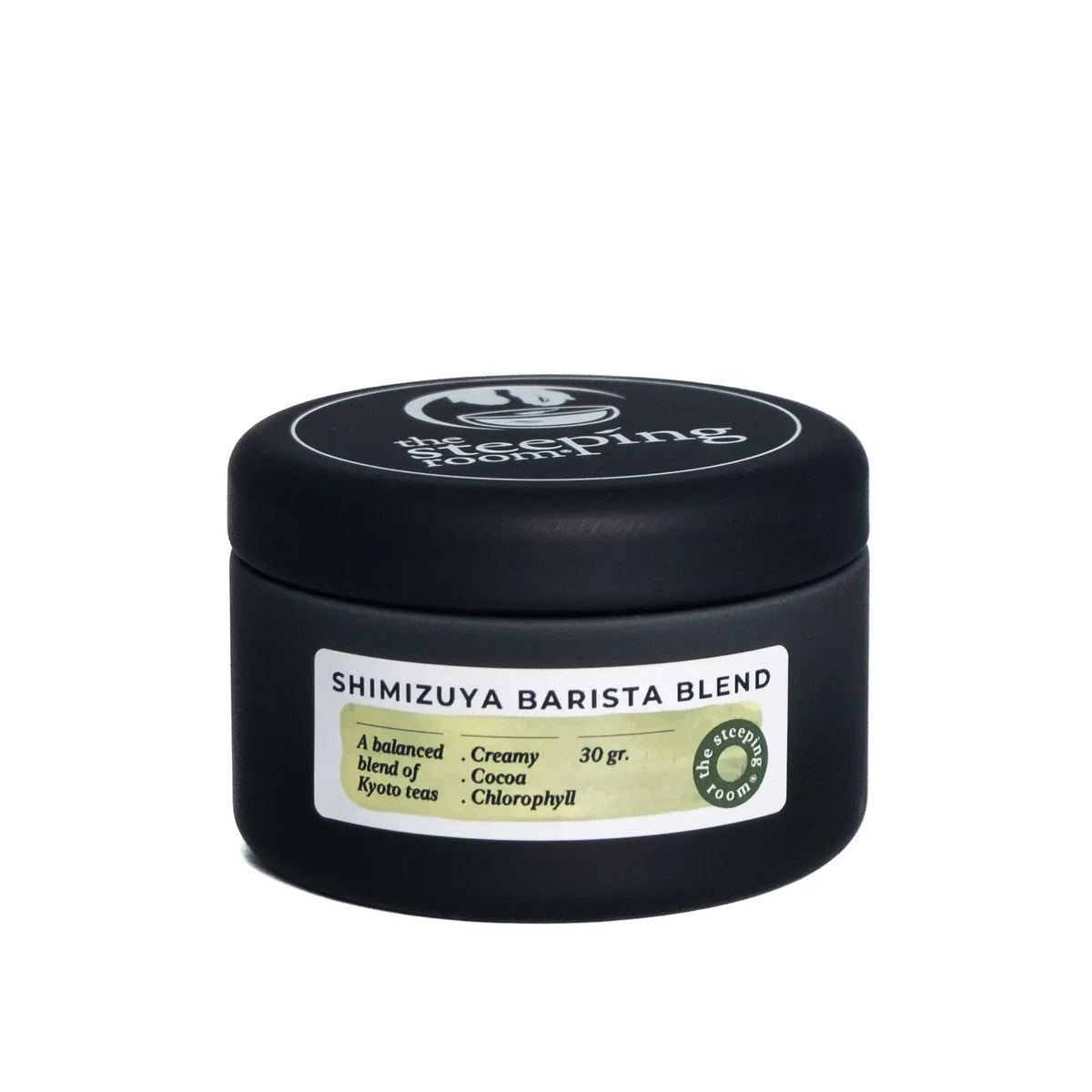 Black container of matcha with Shimizuya Barista Blend label on a white background