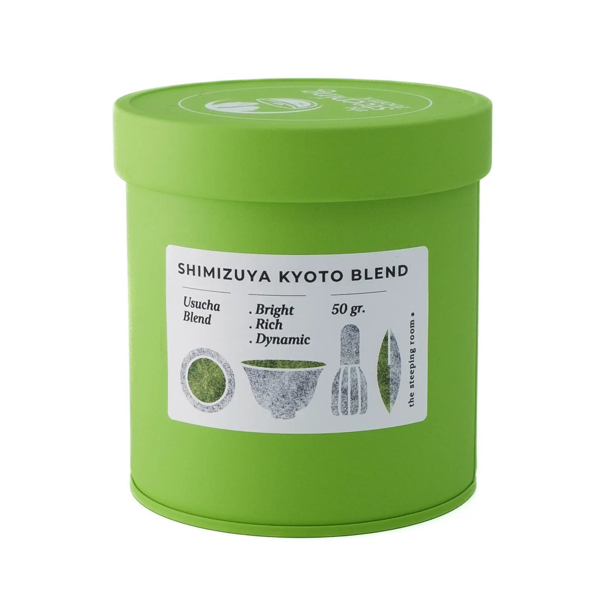 Shimizuya Kyoto Blend Matcha in a green can on a white background