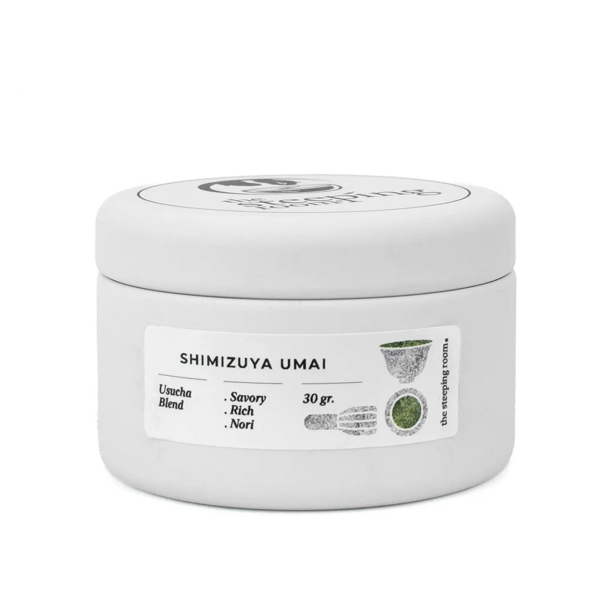 A white tin of Shimizuya Umai Ceremonial Matcha.