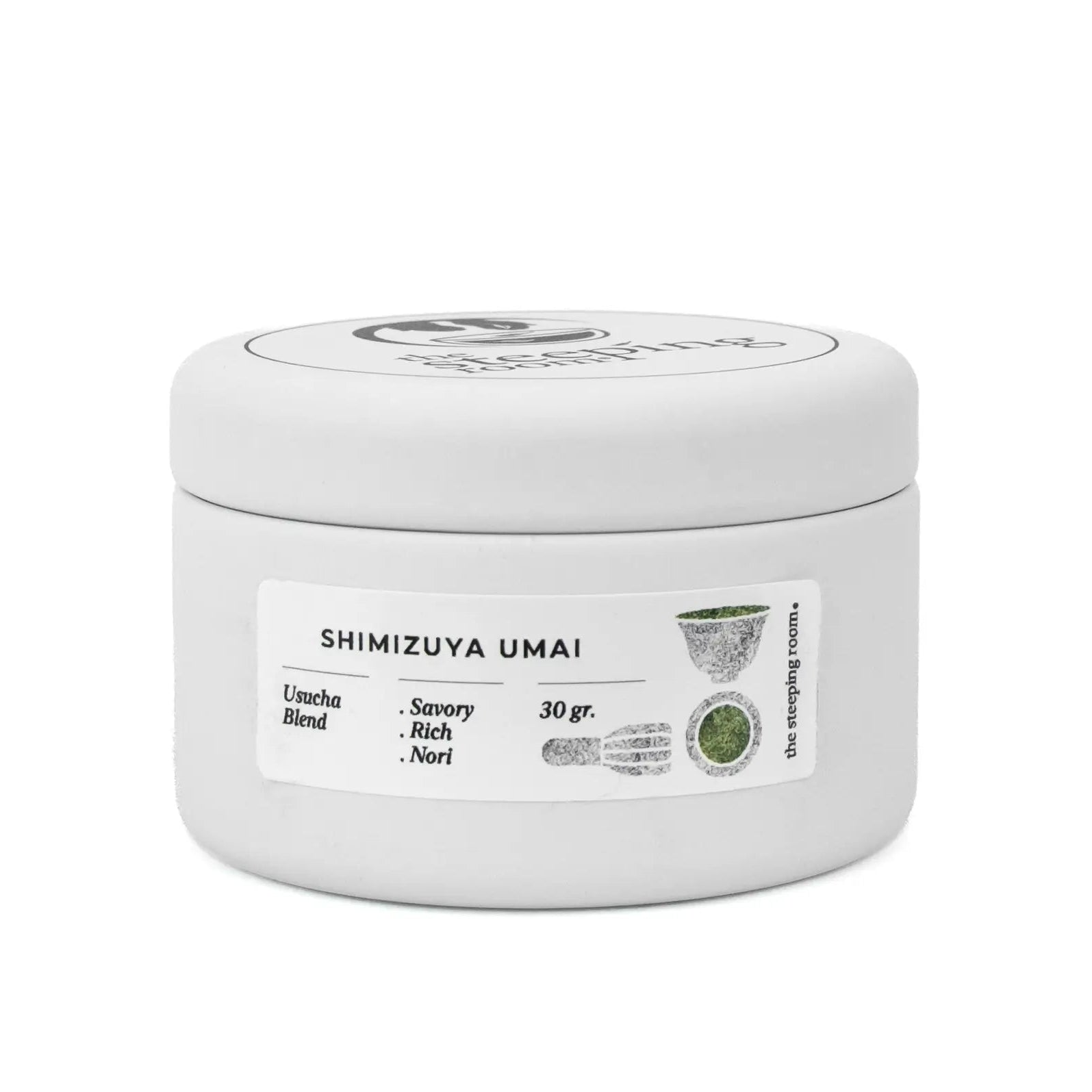 A white tin of Shimizuya Umai Ceremonial Matcha.