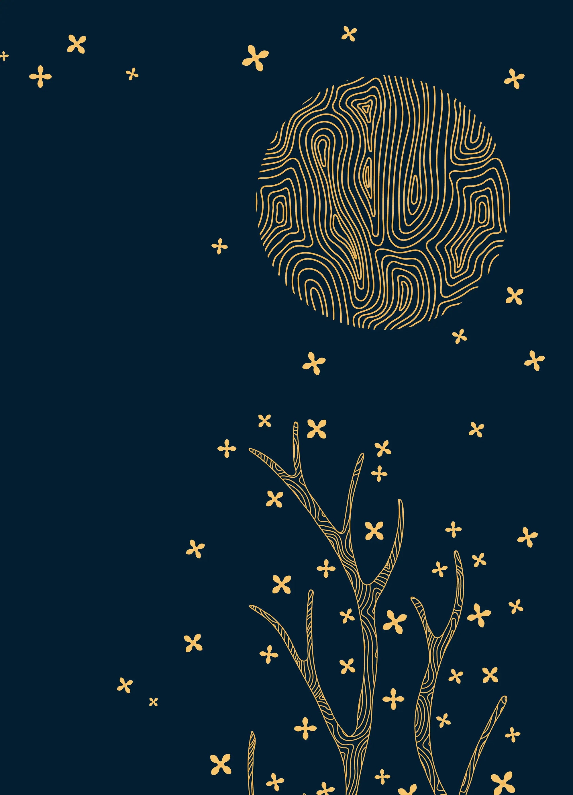 Decorative design with a stylized tree, abstract circle, and scattered geometric shapes on a dark blue background.