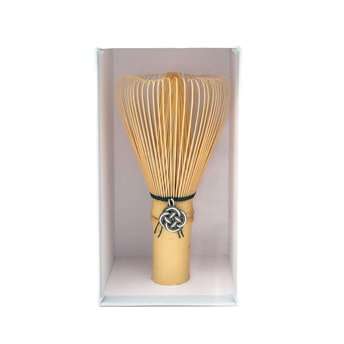 Bamboo whisk in a box on a white background - Japanese Chasen from Suikaen - Green Yui