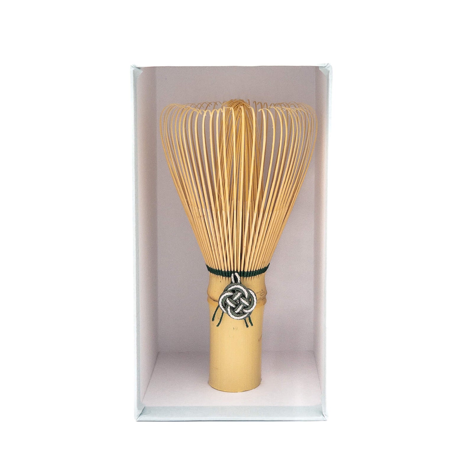 Bamboo whisk in a box on a white background - Japanese Chasen from Suikaen - Green Yui