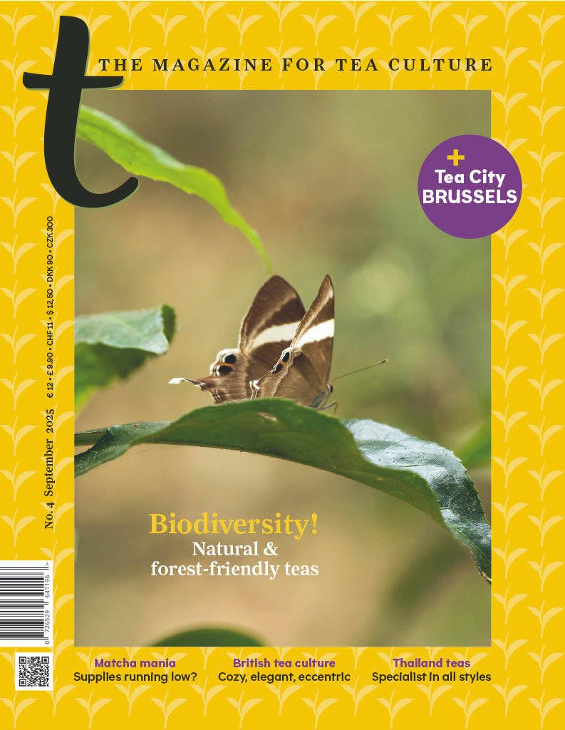 Magazine cover for tea culture with a butterfly on a leaf