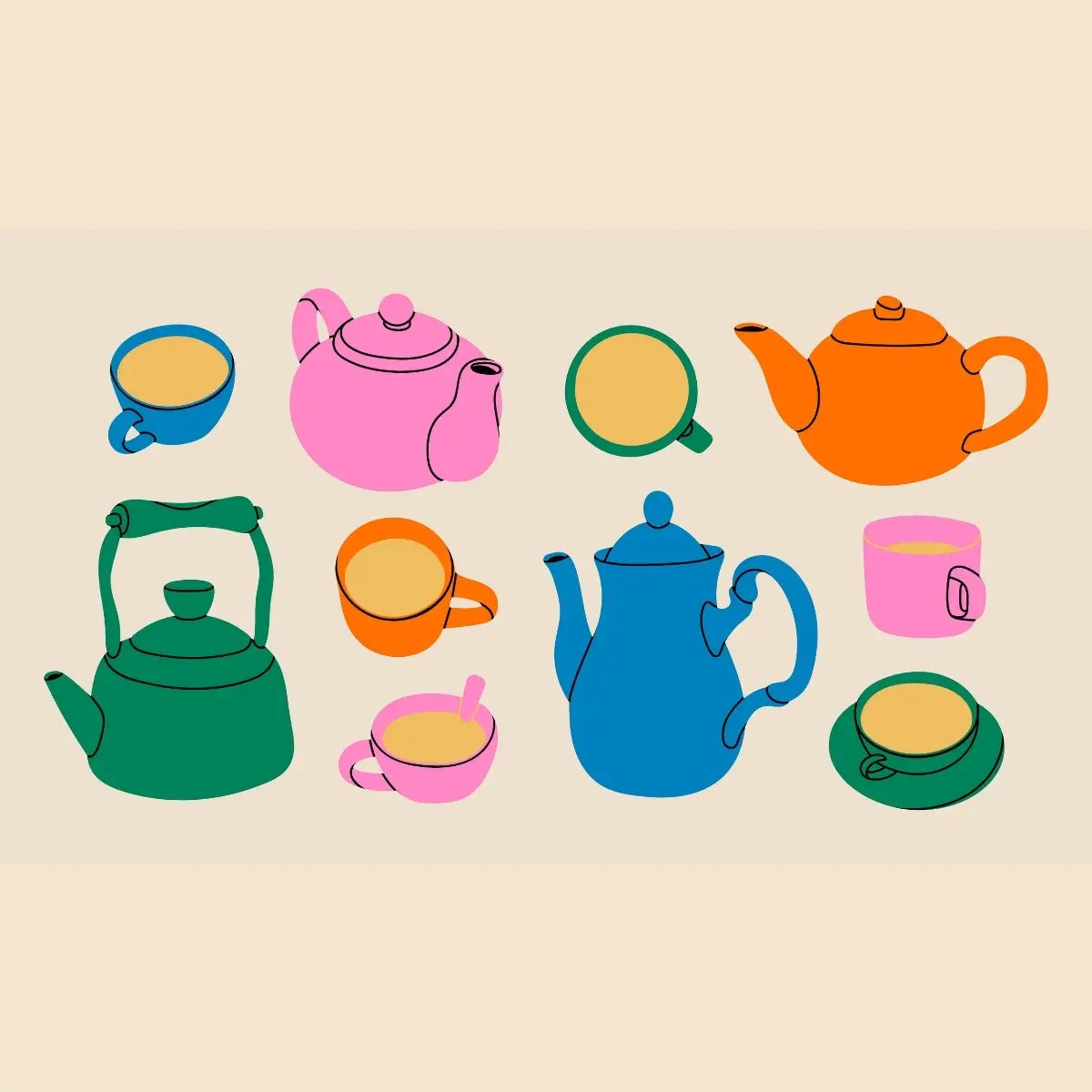 Colorful illustration of teapots and cups on a beige background