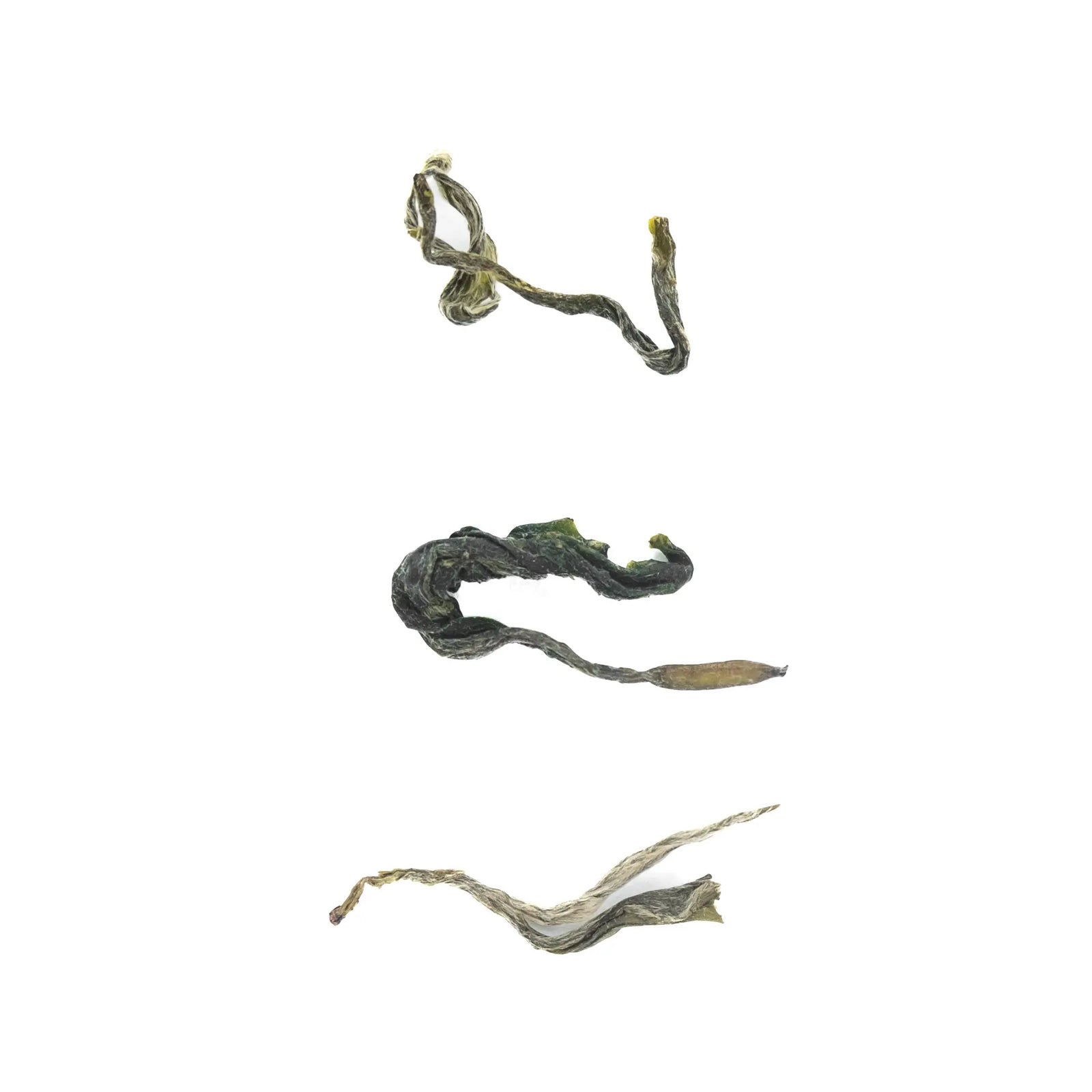 "Normal Green" Tea from Nepal - Tinjure Cooperative - three green tea leaves on a white background