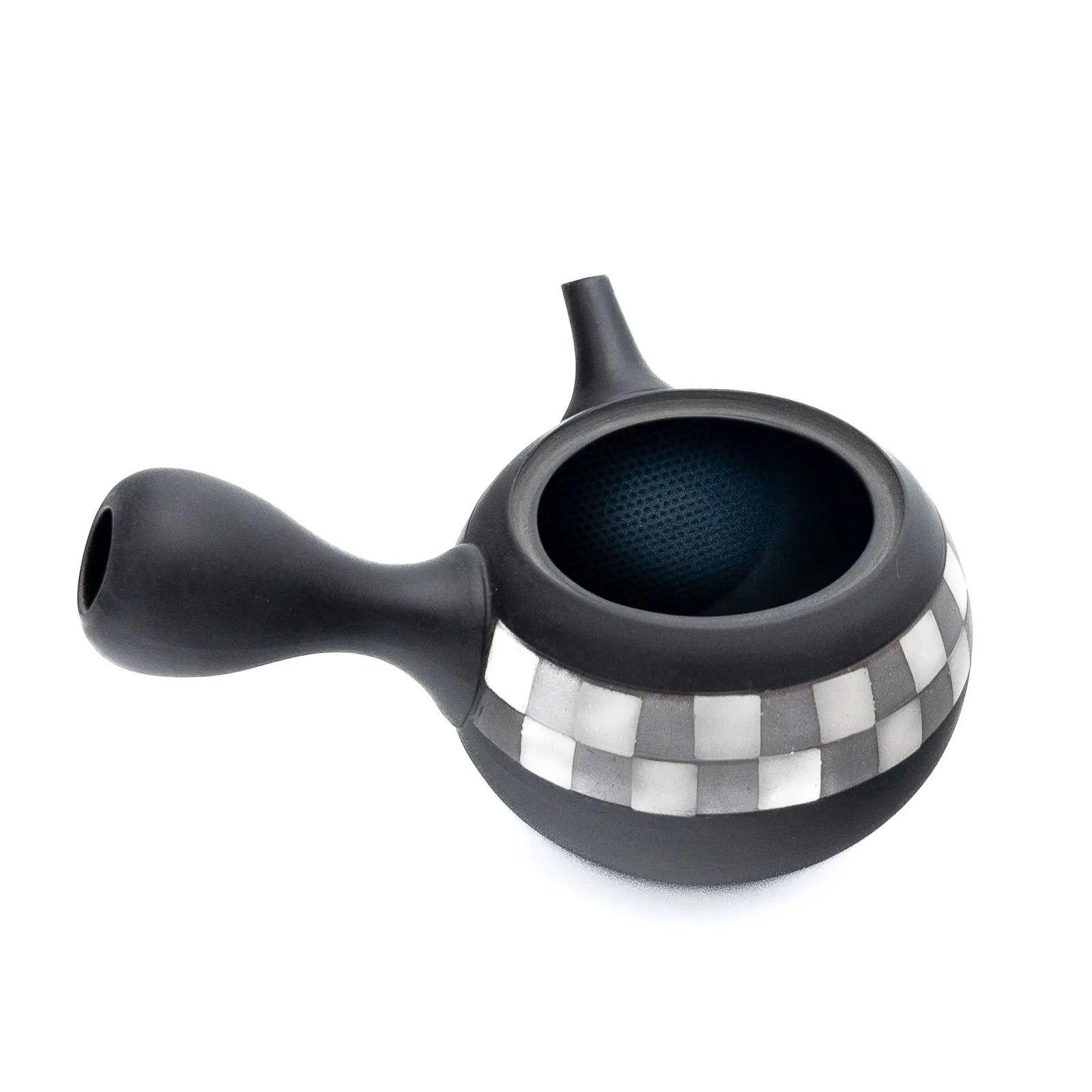 Black teapot with checkered pattern on a white background
