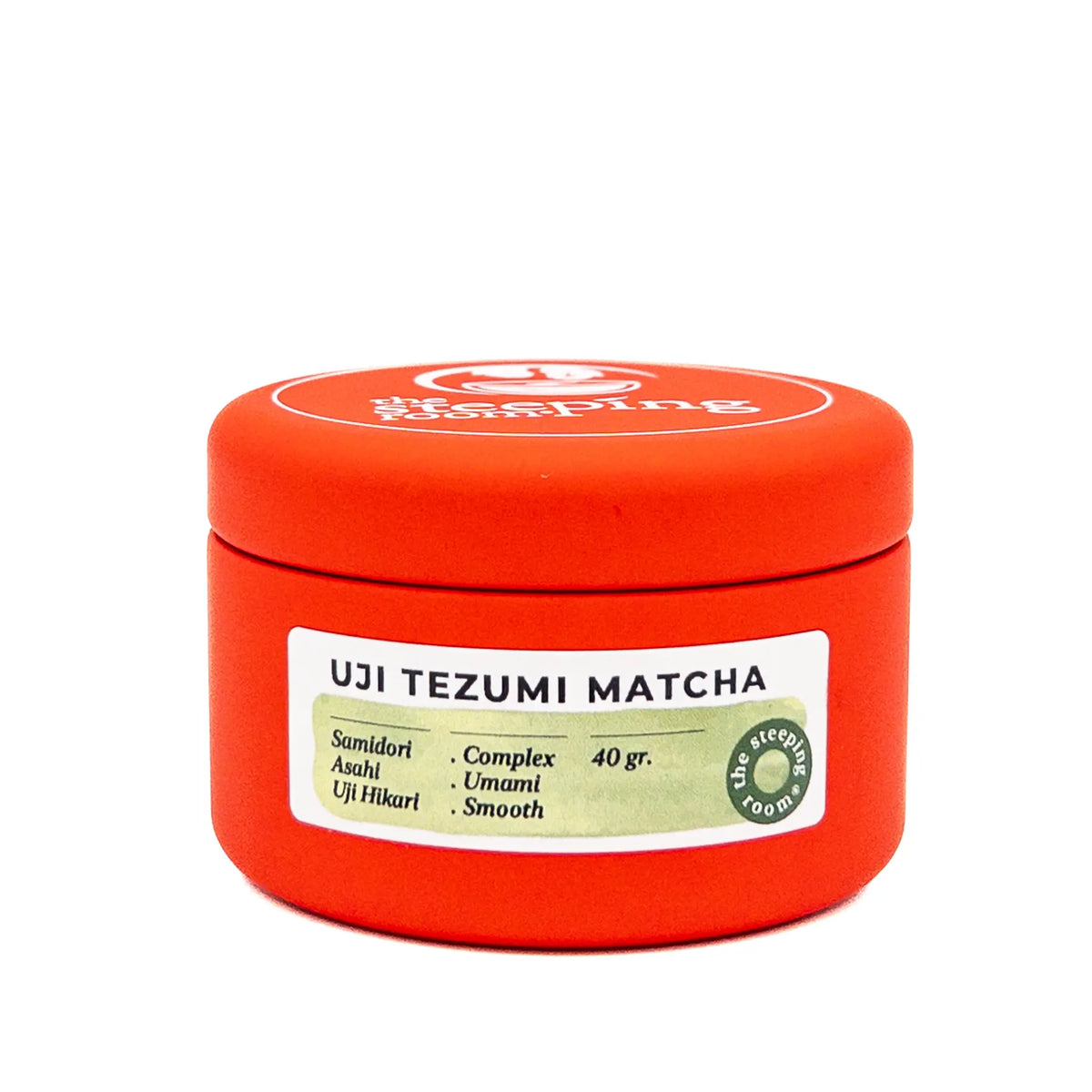 Red container of Uji Tezumi Matcha with a label on a white background