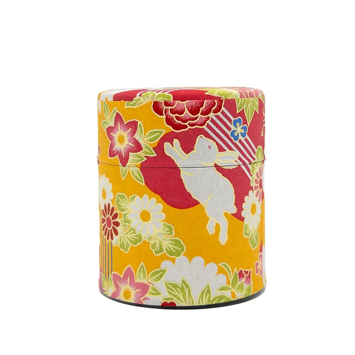 Washi Tea Tin with Bunnies and Flowers on a white background