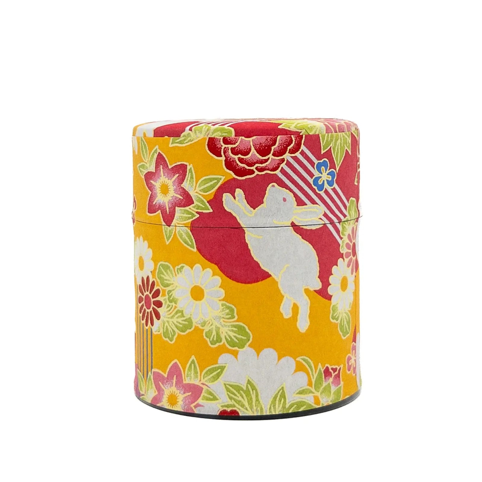 Washi Tea Tin with Bunnies and Flowers on a white background