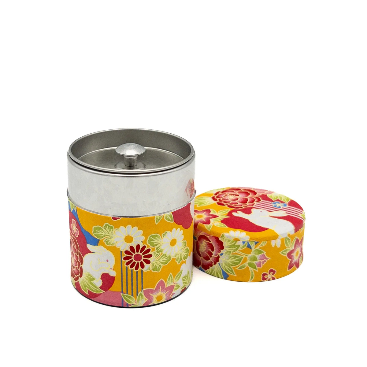 Washi Tea Tin with Bunnies and Flowers on a white background - the top is open 