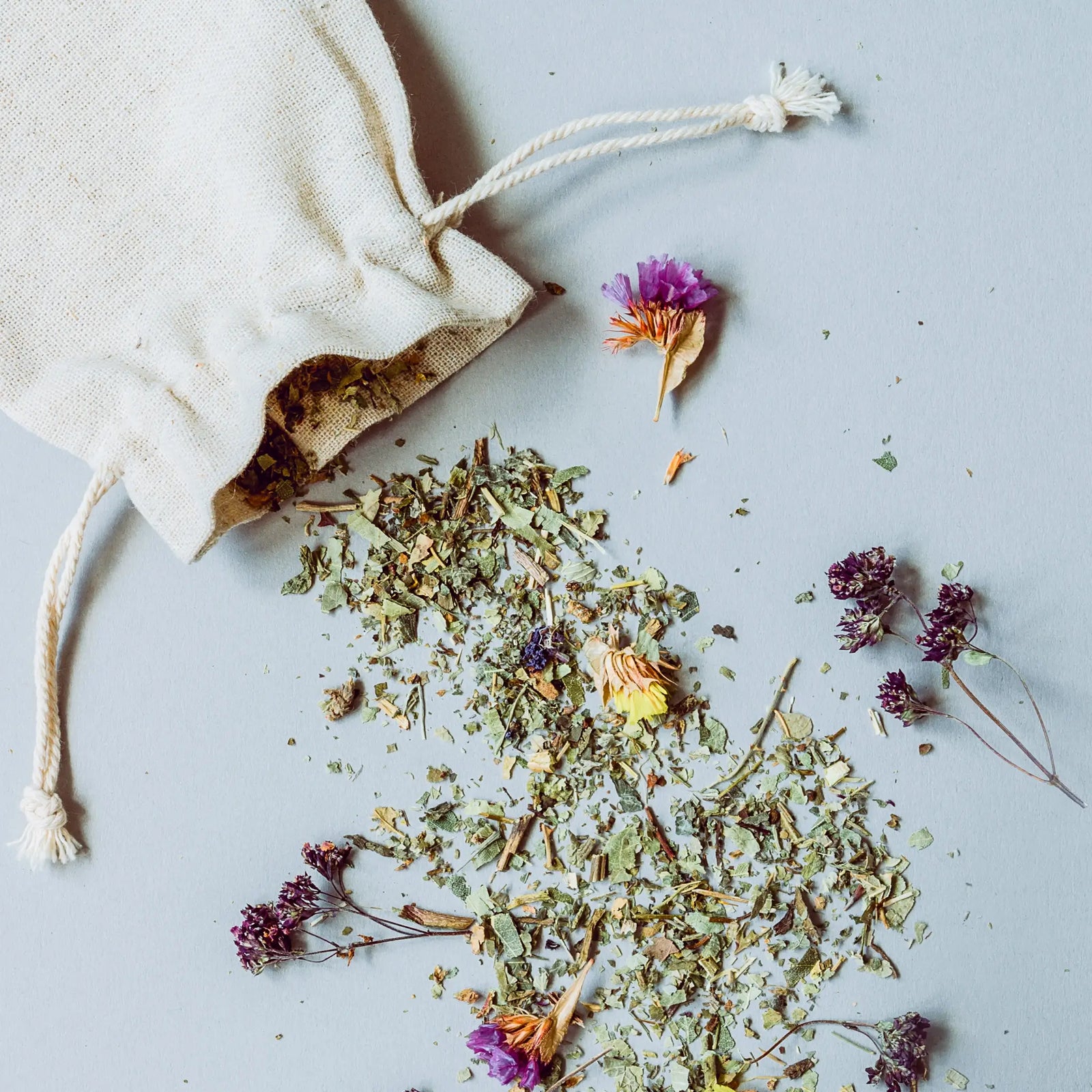 Wellness Collection Sampler Set - Herbs coming out of a cloth bag on a blue background