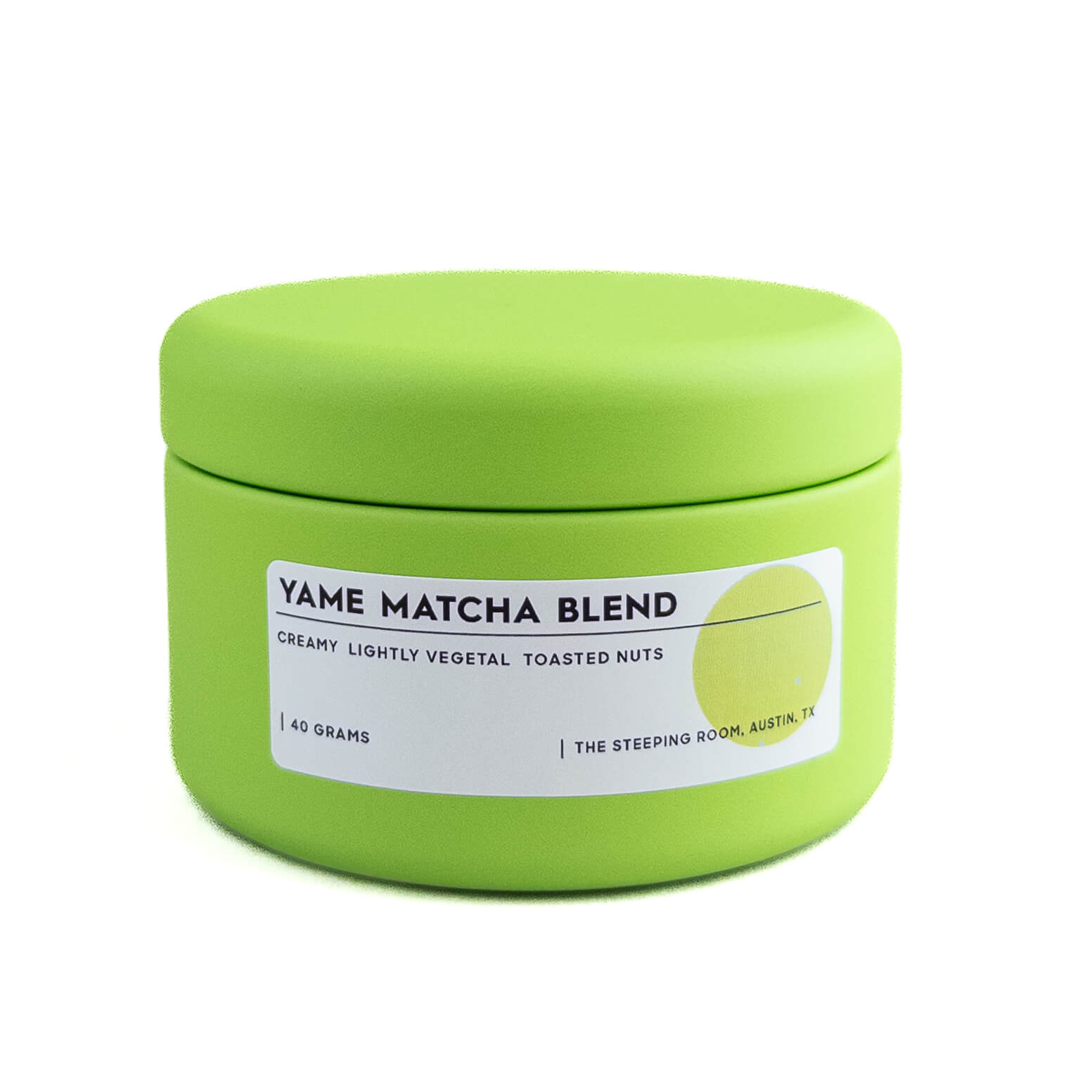 Green container of Yame Matcha Blend with a label on a white background
