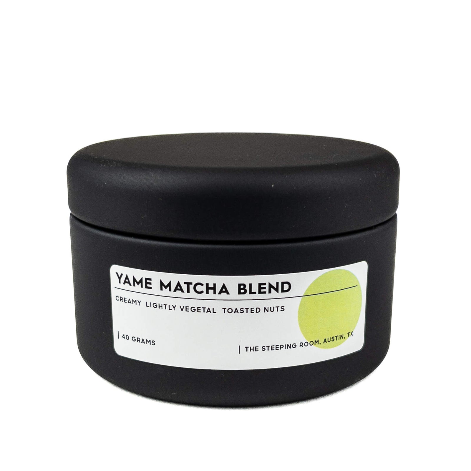 Black container of Yame Matcha Blend with a label on a white background