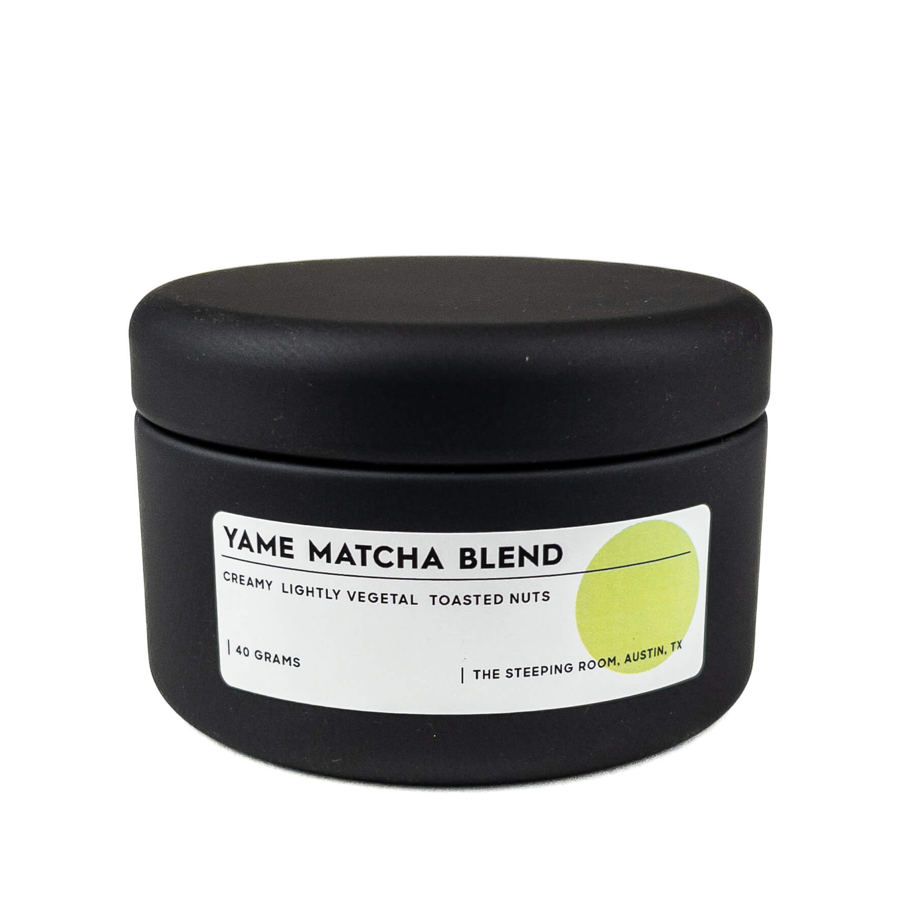 Black container of Yame Matcha Blend with a label on a white background