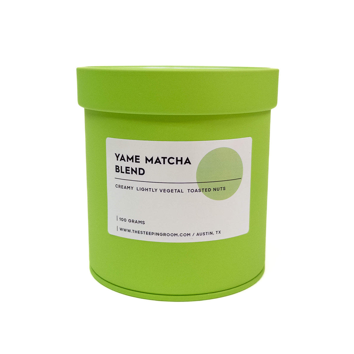 Green container of Yame Matcha Blend with a label on a white background
