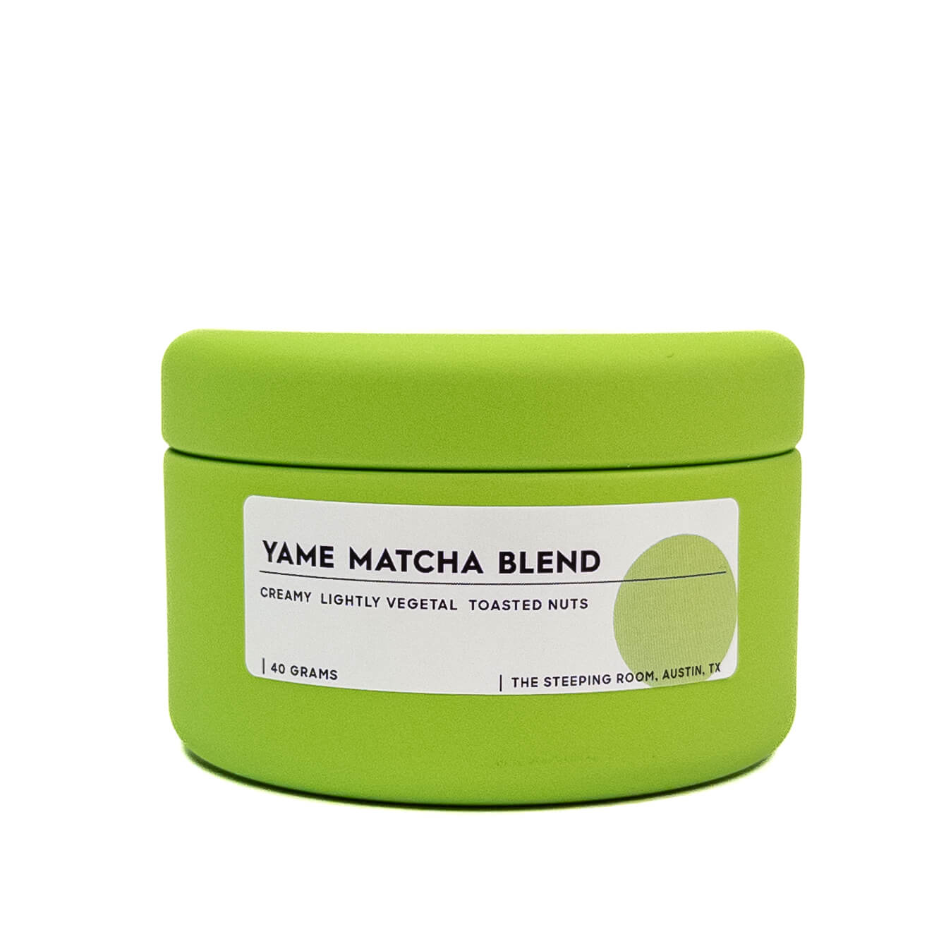 Green container of Yame Matcha Blend with a label on a white background