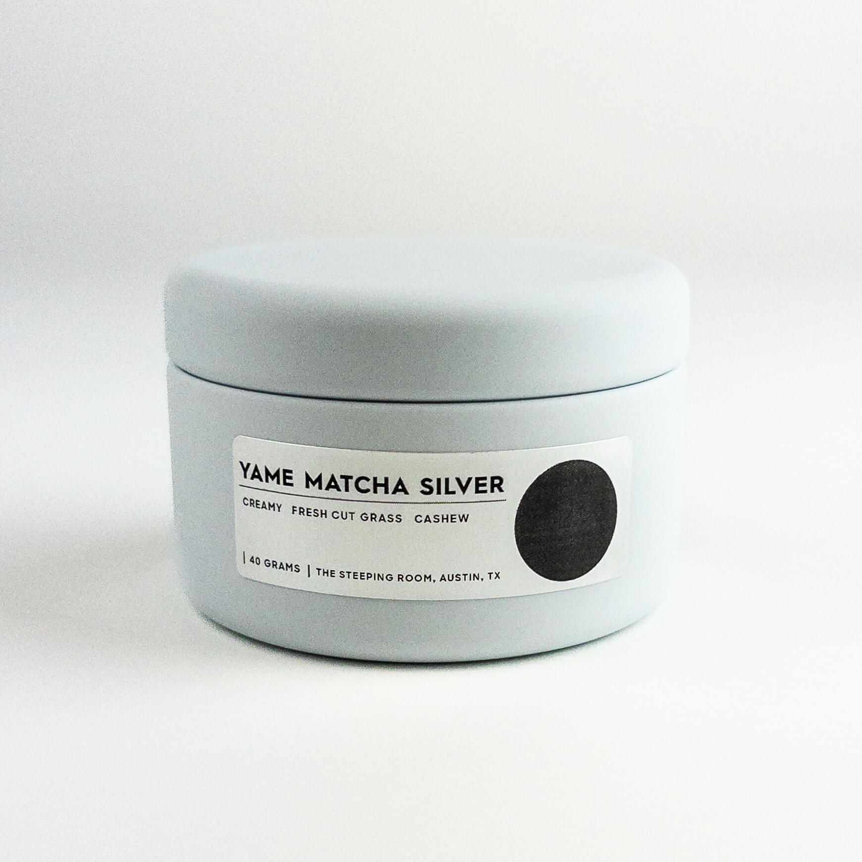 Yame Matcha Silver container on a white background