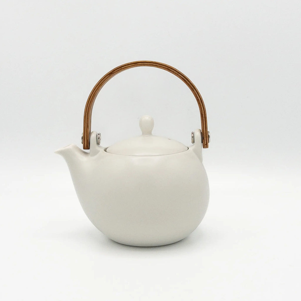 White teapot with a wooden handle on a white background