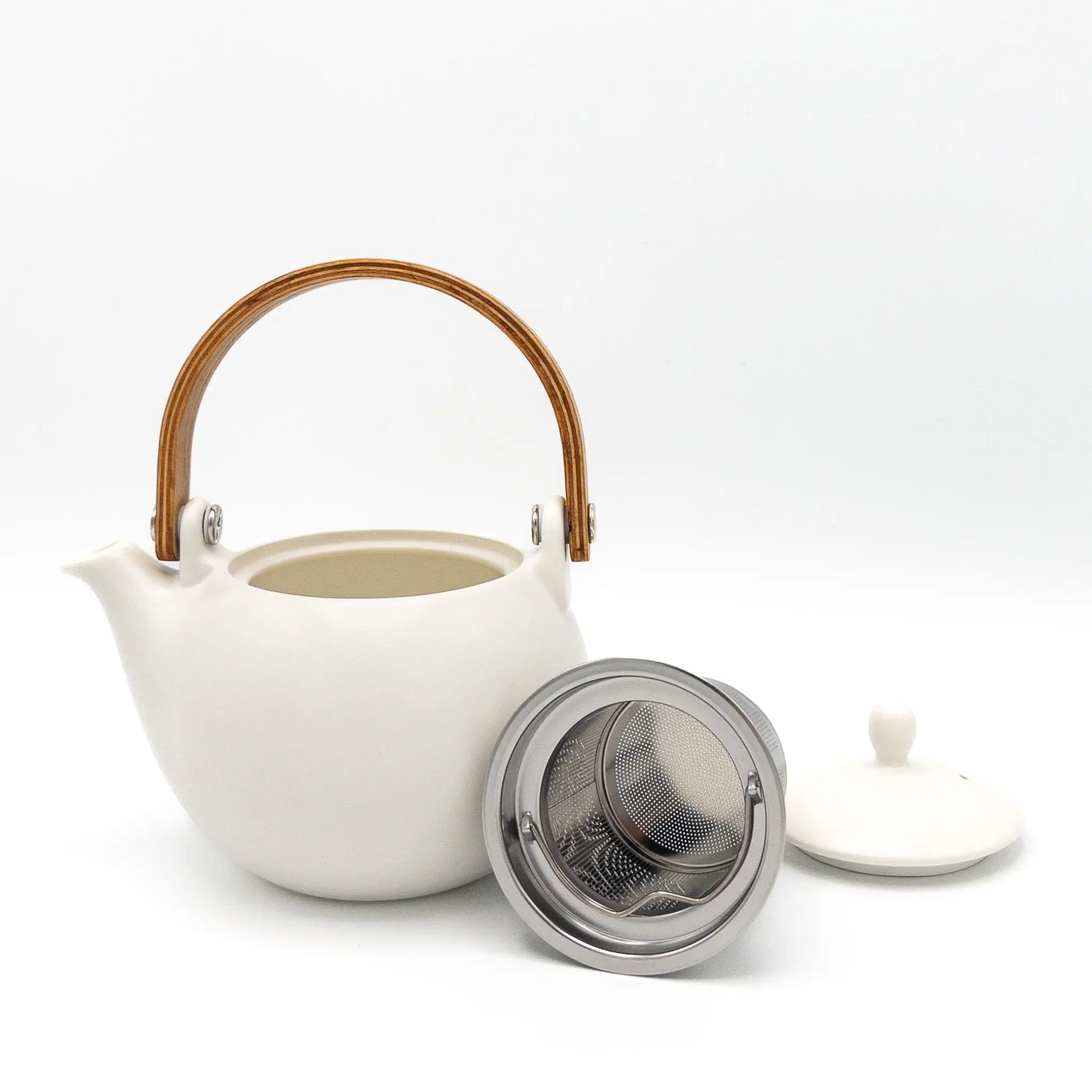 White teapot with a wooden handle on a white background