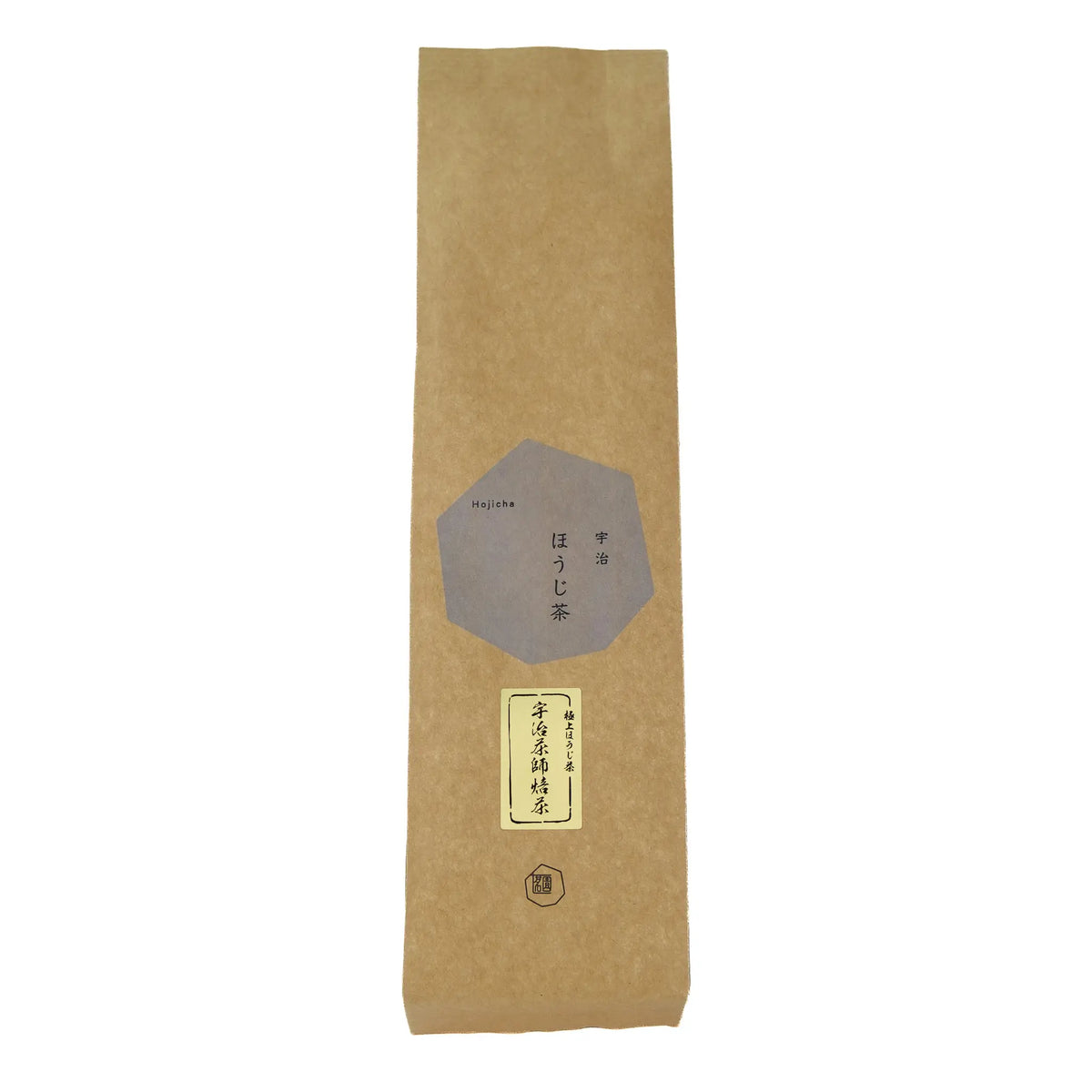 Horii Shichimeien Uji-chashi Hojicha 100 gram bag, front, tall kraft paper bag with a grey label printed Hojicha and a small gold name label