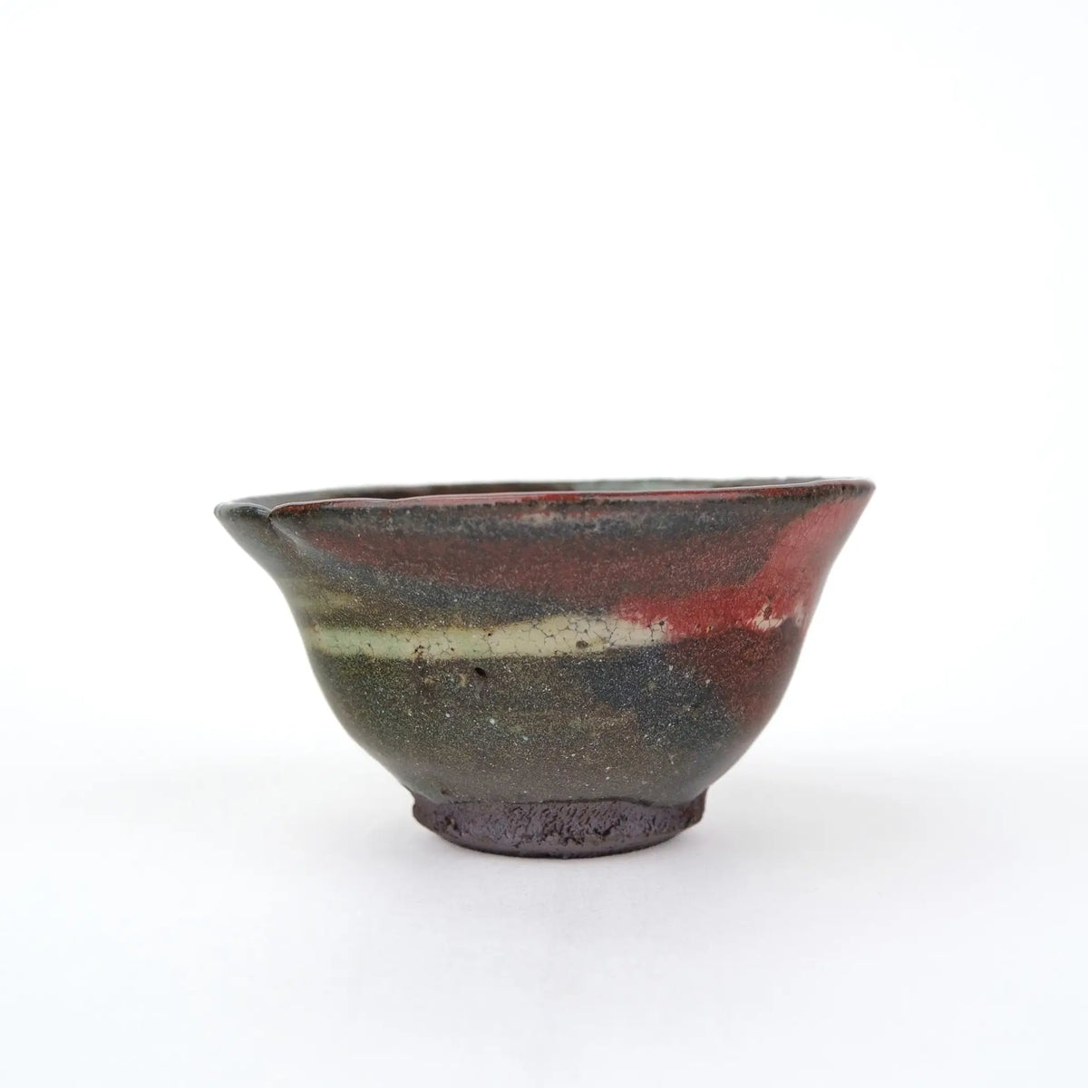 Mark Mohler gong fu cup #2C, opposite side in grey green glaze with a pale band and a patch of red near the rim