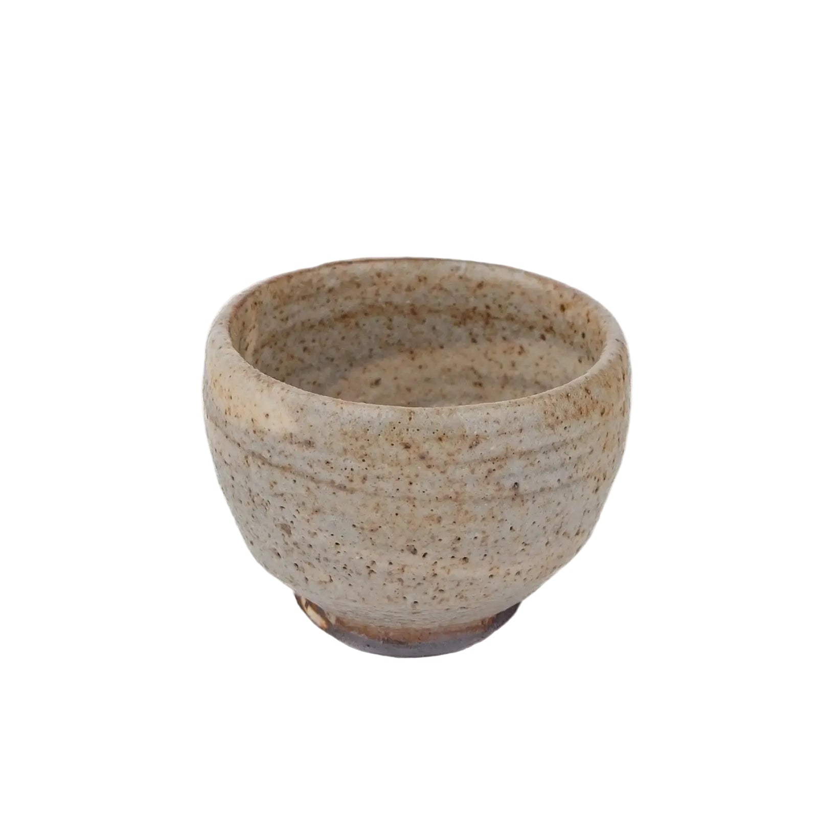 Mark Mohler handmade tea cup #N from a slightly raised angle showing the speckled glaze inside the cup and around the rim