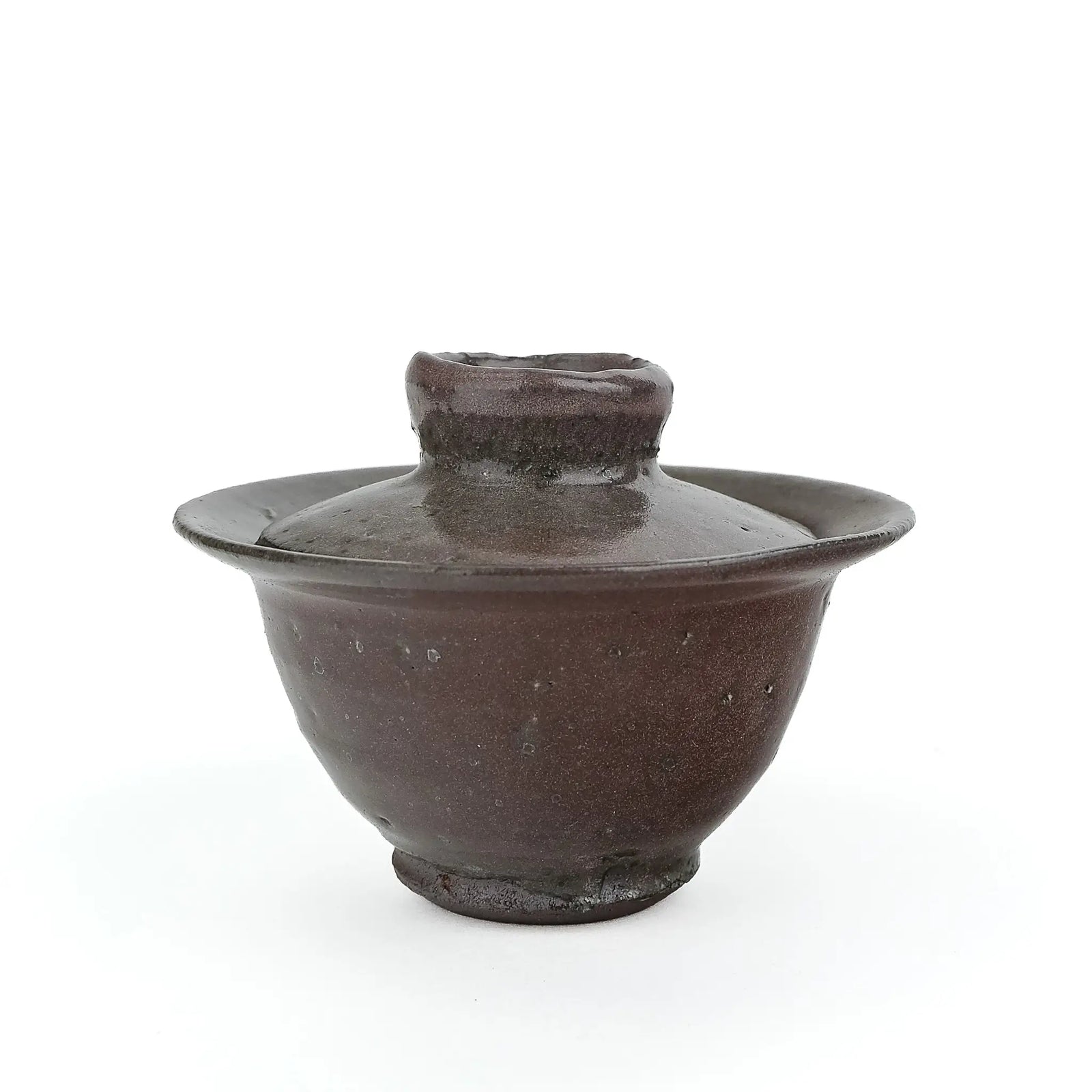 Mark Mohler handmade gaiwan #10 with the lid in place, showing the tall knob, flared rim and brown glaze with small pale specks