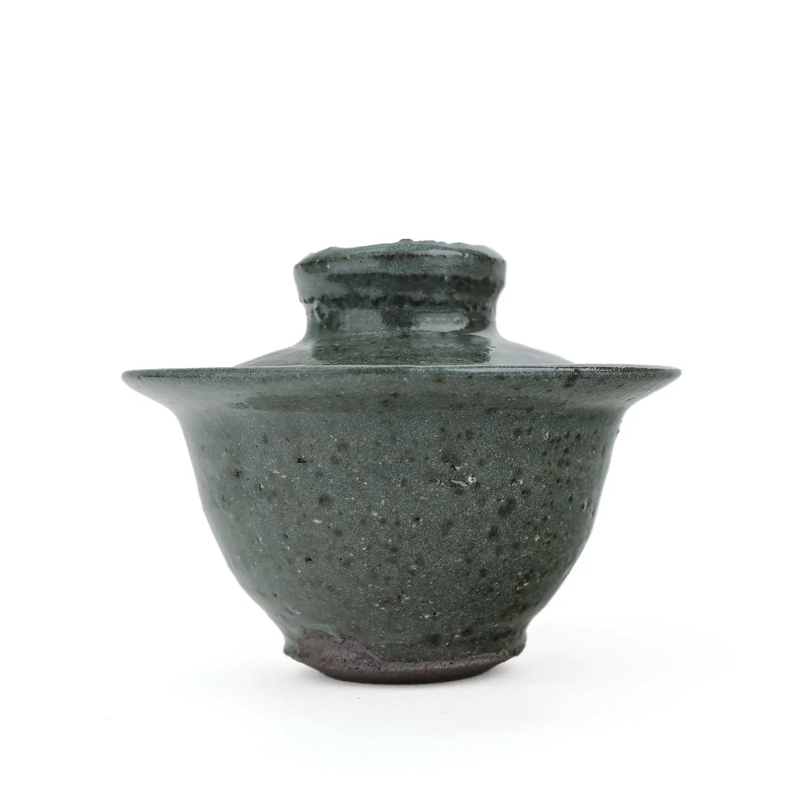 Mark Mohler handmade gaiwan #11, about 95 ml, at eye level with the lid on, in a heavily speckled dark green glaze with a wide flared rim