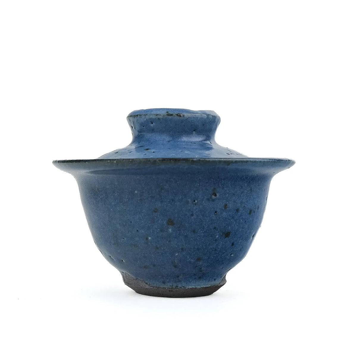 Mark Mohler handmade gaiwan #12, opposite side with the lid on, showing the flared rim and an even speckled blue glaze over a dark foot