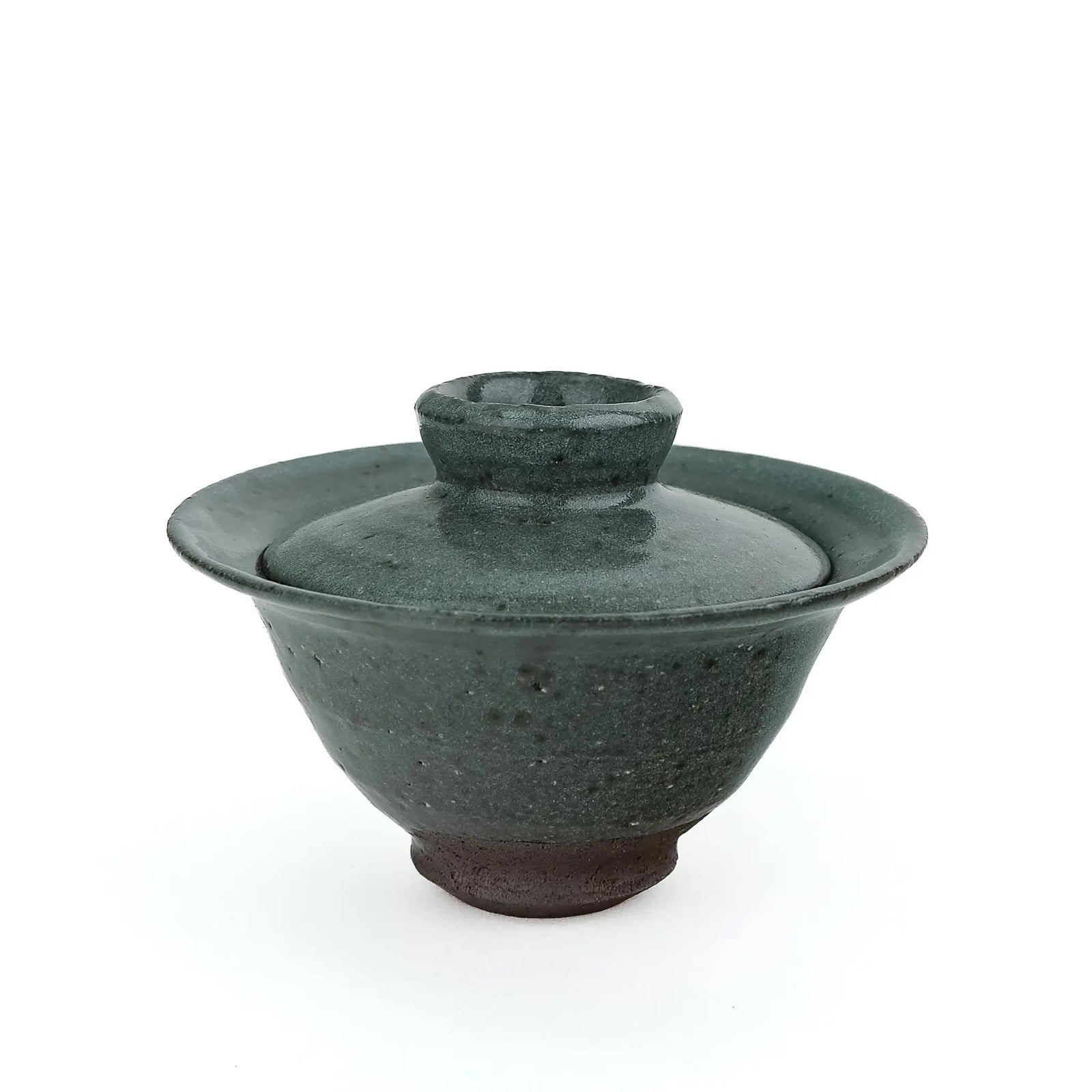 Mark Mohler handmade gaiwan #9 with the lid in place, showing the tall knob, flared rim and speckled green glaze
