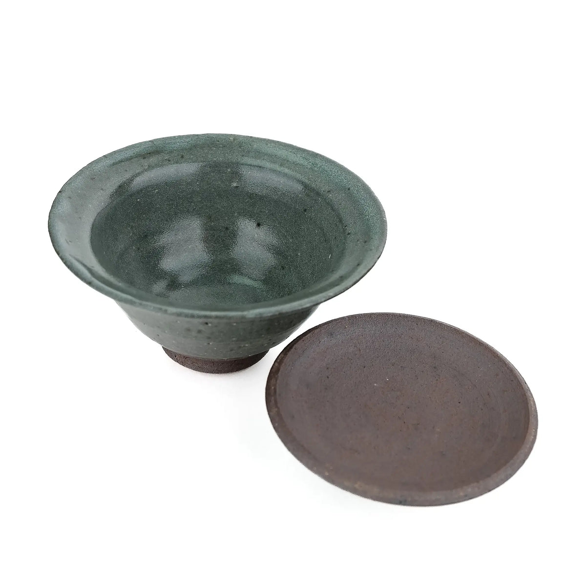Mark Mohler handmade gaiwan #9 with the lid off and turned over beside the bowl, showing the green glaze inside the bowl and the unglazed underside of the lid